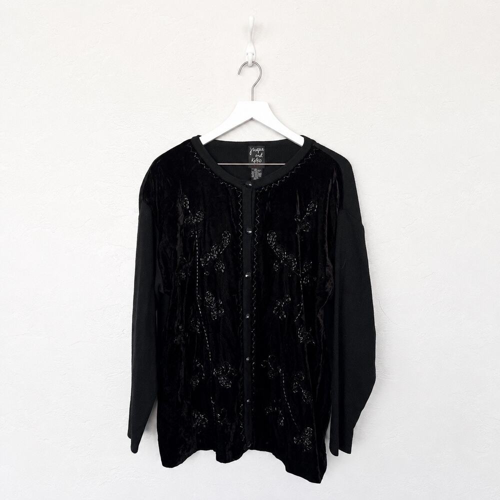 Vintage Jacque and KoKo Together Black Velvet Beaded Floral Cardigan Sweater XL